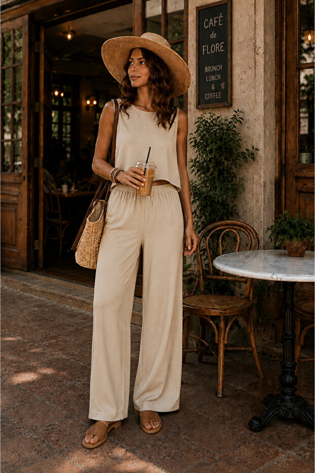 Linen Look Blouse & Elastic Waist Trousers Double Set