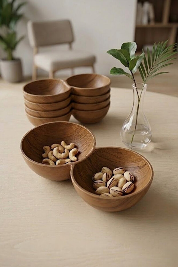 6-Piece Acacia Look 2-Compartment Snack Bowl, Presentation Bowl - Decorative Breakfast Bowl 19.5 cm