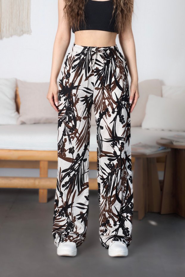 Women's High Waist Leaf Patterned Loose Cut Elastic Waist Fabric Trousers