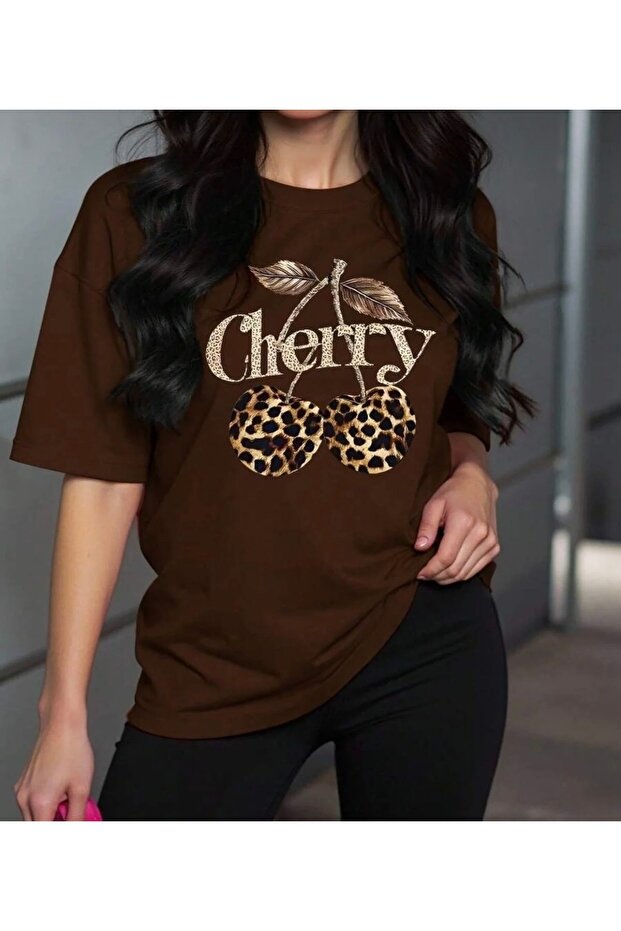 Leopard Patterned Cherry Printed 100% Cotton New Season Plus Size Women's T-Shirt
