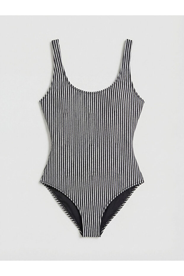 Black Stitched Padded Striped Women's Swimsuit