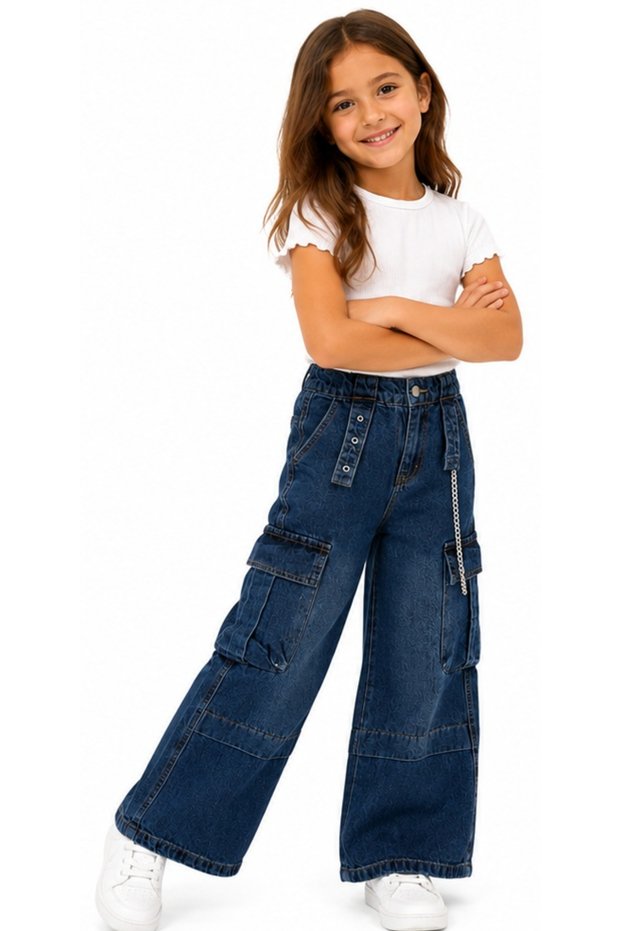 Girl's Wide Leg Jeans with Double Cargo Pockets and Chain Accessories in Navy Blue Color
