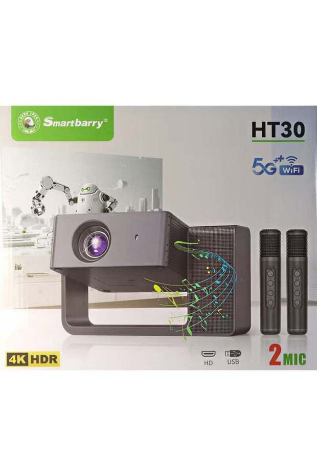 بروجيكتور سمارت باري HT30 4K HDR للسينما المنزلية مع نظام كاريوكي لاسلكي مزدوج وشاشة LED ذكية