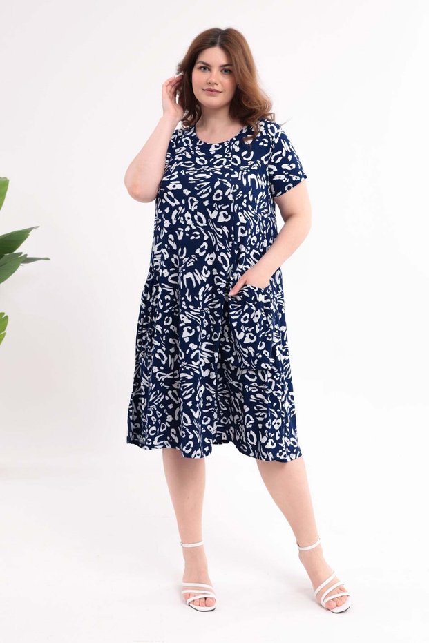 Women's Navy Blue Tiger Pattern Loose Dress with Pockets, Compatible with Standard Sizes 42-54, Flexible Dress