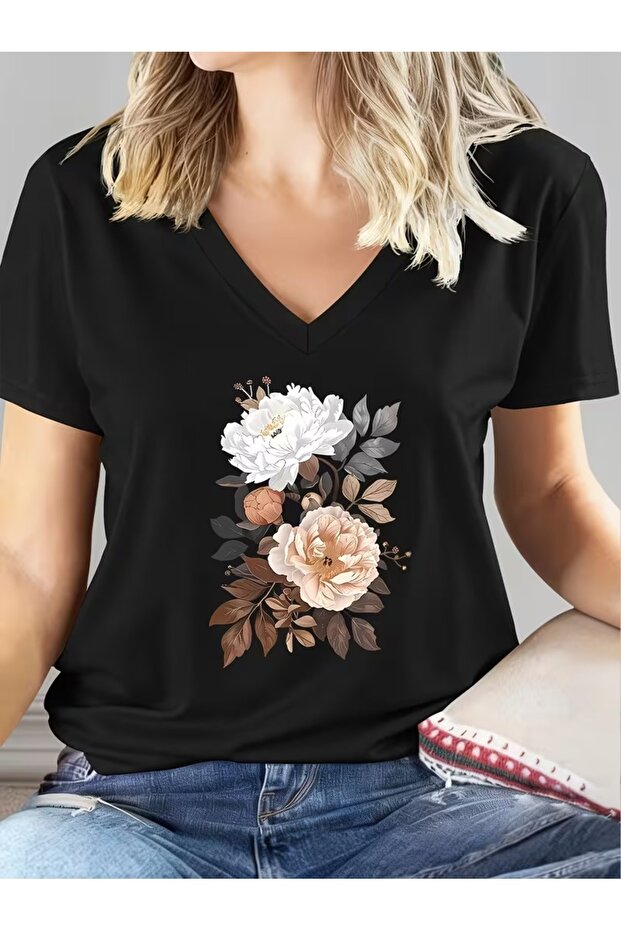 Women's Comfortable Fit V-Neck Tshirt Mixed Printed Tshirt
