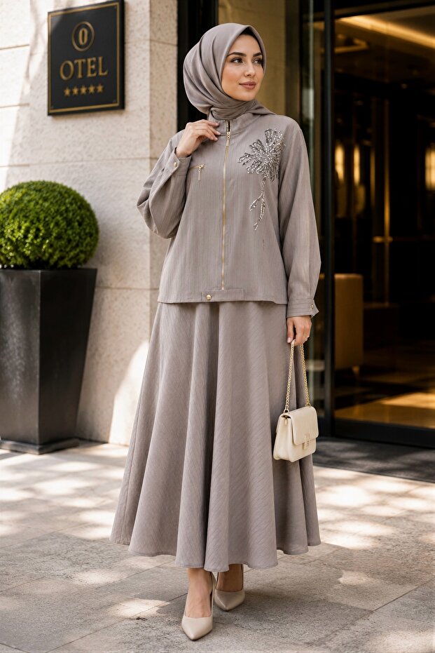 Stone Sequin Embroidered Zippered Jacket Skirt Set