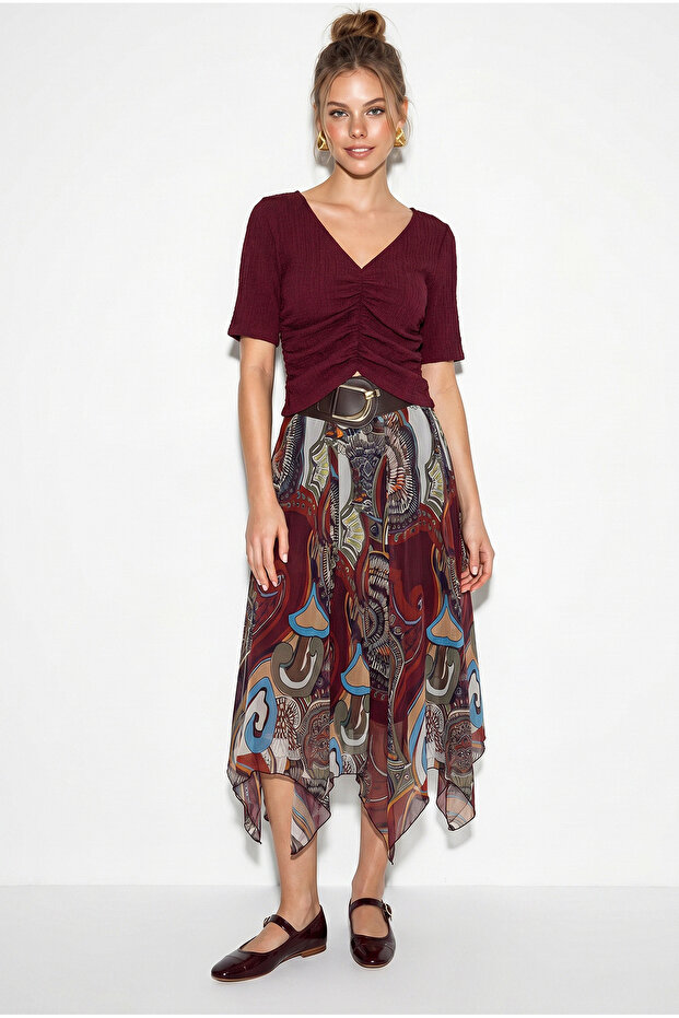 Women's Burgundy Belt Detailed Patterned Lined Asymmetrical Chiffon Midi Skirt 60286258