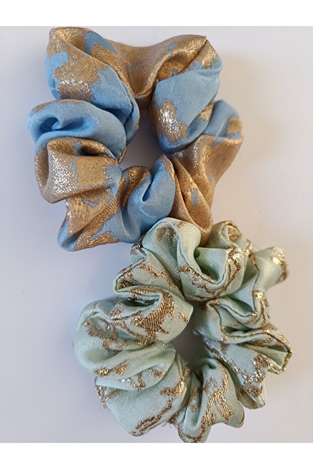 Blue & Green Glitter Detailed Satin Scrunchie Bagel Hairpin Set - 2-Piece Stylish Hair Accessory Set