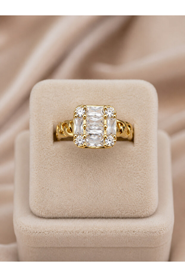 Azrie Gold Square Cut Zircon Stone Detailed Modern Adjustable Stylish Design Premium Adjustable Ring