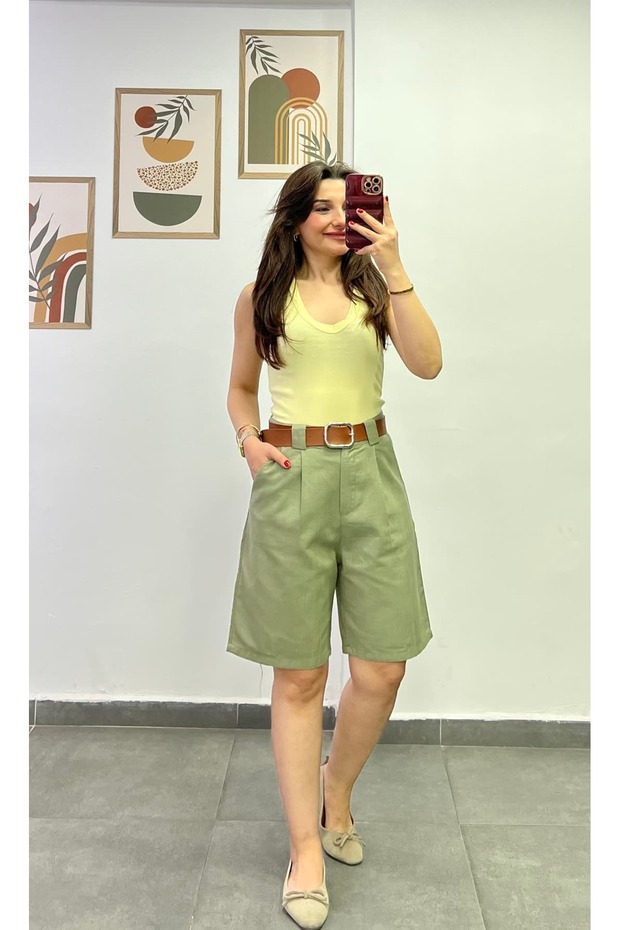 Cotton Fabric Shorts with Pockets and Belt Detail