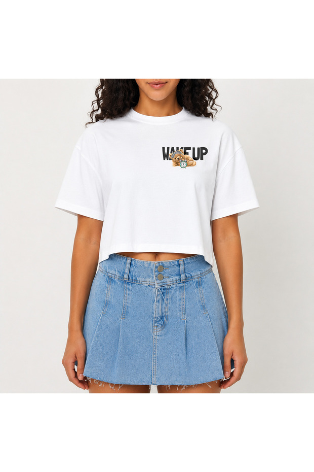 Crop T-Shirt White Wake up Printed Relaxed Fit Raw Cut Basic Short Tshirt