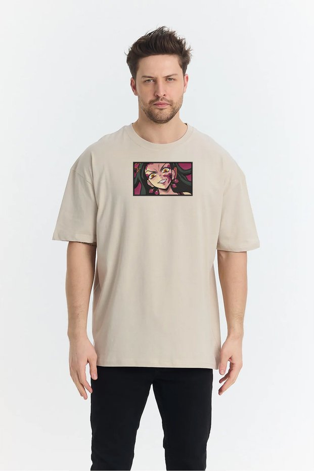 Unisex Oversize Embroidered Demon Slayer Daki Anime Design 100% Cotton T-Shirt