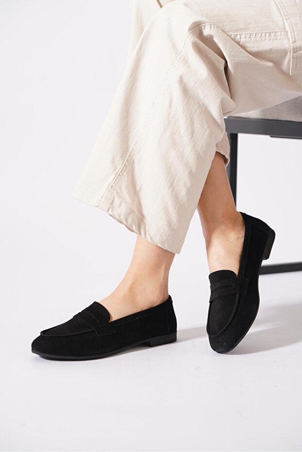 Osel Flat Belted Genuine Leather Women's Ballerinas Black Suede