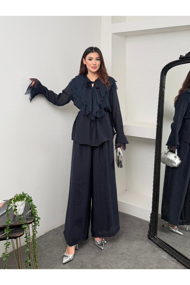 Lace and Ruffle Detailed Tie-Neck Slim Modal Shirt and Wide-Leg Pants Set 5325