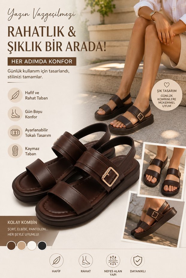 Women's Bitter Brown Double-Strapped Buckle Detailed Daily Comfortable Sandals