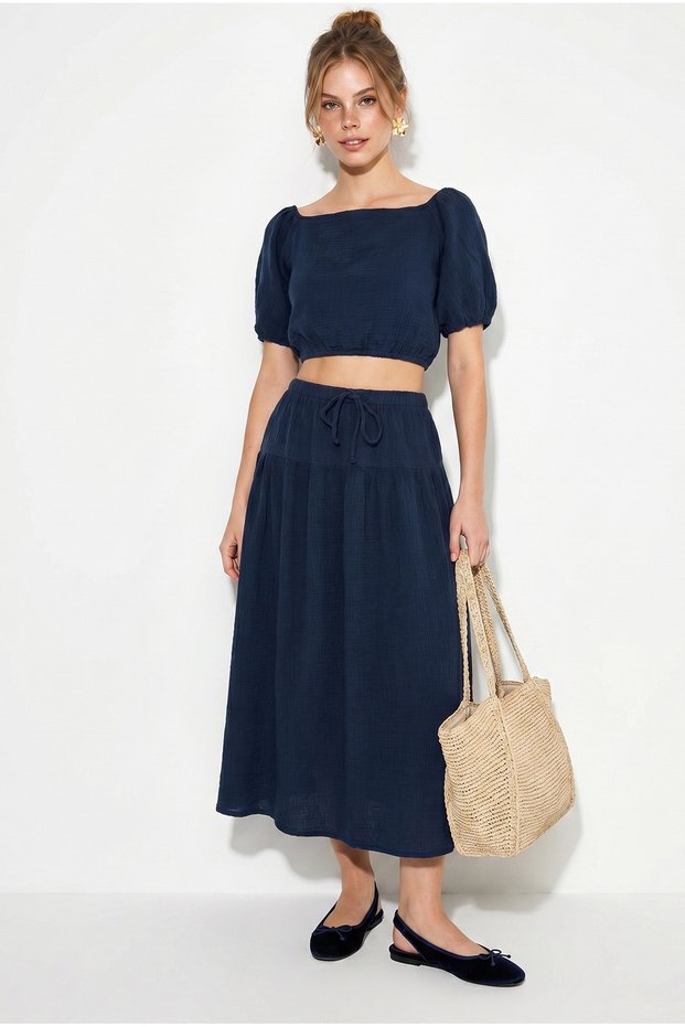 Women's Navy Blue Balloon Sleeve Crop Blouse with Tie Detail Cotton Muslin Skirt Set Yc2728 60286287