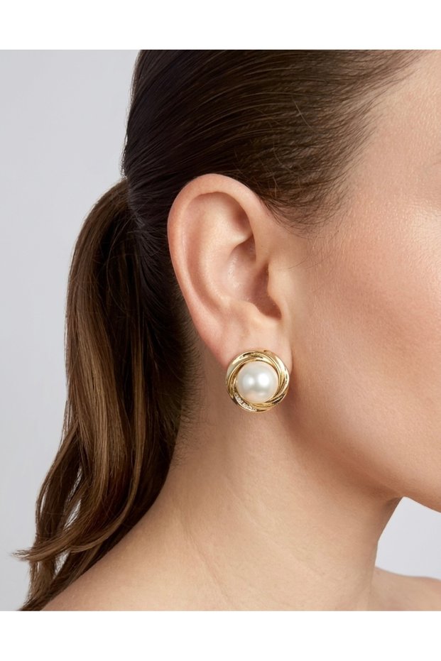 Sparkling Stone Detailed Tarnish-Resistant Gold Plated Twisted Frame Pearl Earrings