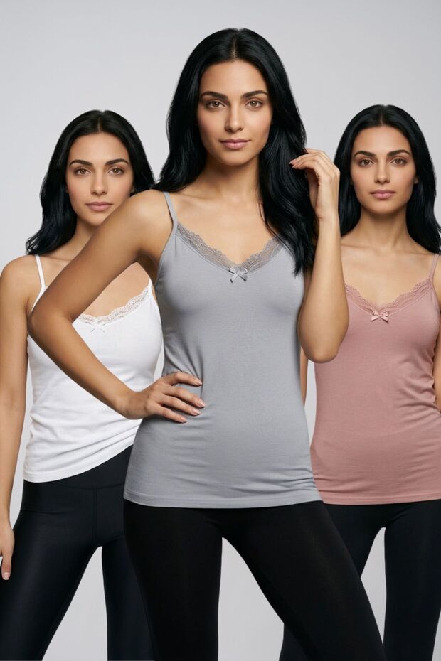 3-Pack Women's Cotton V-Neck Lace Detailed Thin Rope Strap Undershirt Casual Stylish Underwear Badi