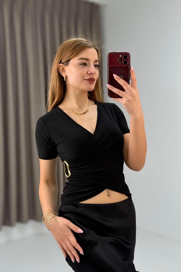 Women's Sandy Double-Breasted Collar Buckle Blouse Black