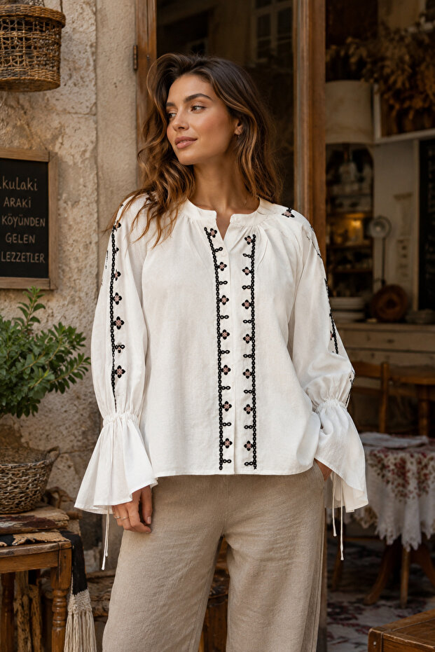 Women's White Hidden Button Wide Fit Embroidered Cotton Blouse