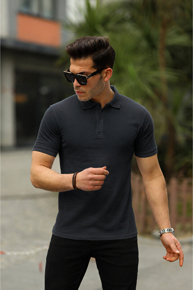Men's No Curl Polo Neck Pocketless Slim Fit Slim Fit Plain T-Shirt