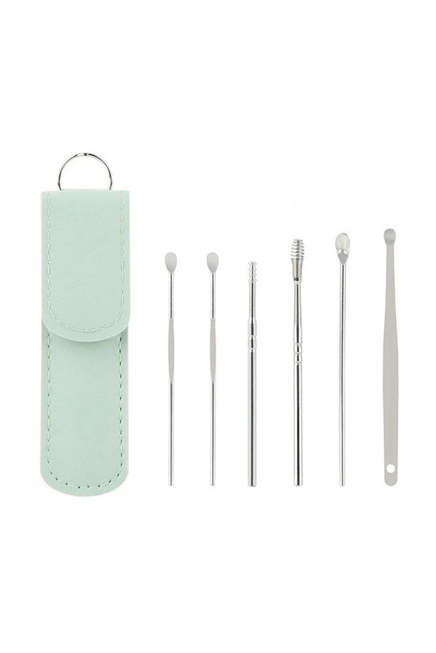1set-green 6Pcs/set Earwax Cleaner Earwax Remover Stainless Steel Earwax Removal Puncture Tool Porta