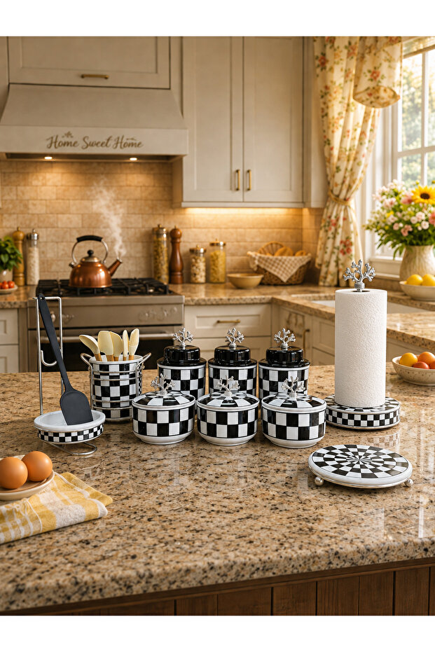 Mutfak 105 Dowry Set 10 Pieces Black Checkered Pattern Silver - Feray Home