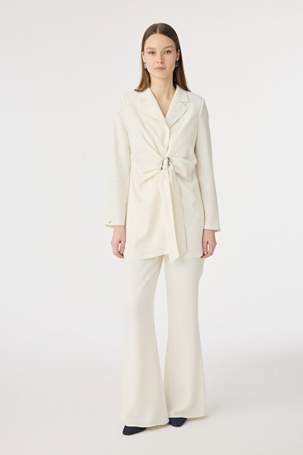 Shiny Textured Ecru Suit with Belt Detail 1883
