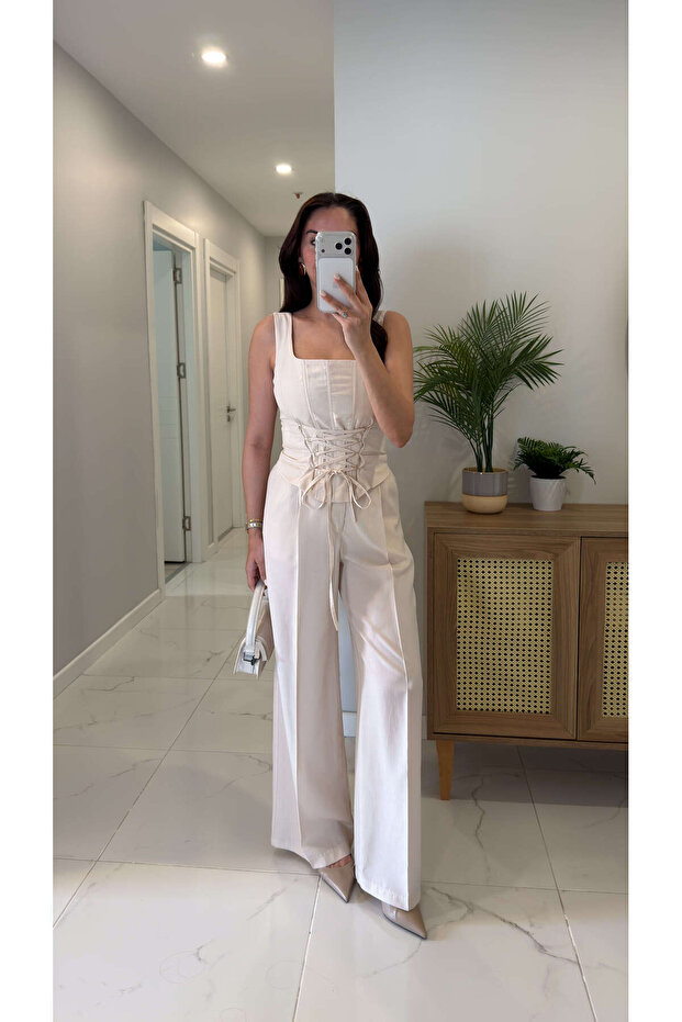 Dellis Beige Corset Blouse Pants Set