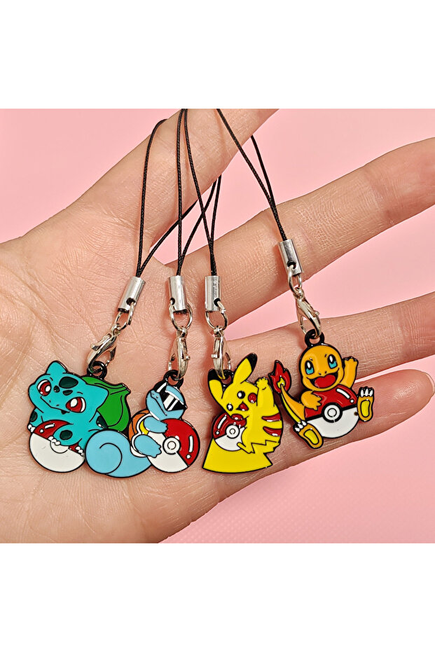 Bandai 4Pcs 4Pcs Cute Anime Pokemon Enamel Phone Charm Keychain Pikachu Charmander Squirtle Bulbasau