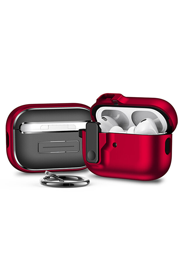 غطاء حماية مقاوم للصدمات لسماعات Airpods Pro باللون الأحمر، غطاء واقي لسماعات Airpods 4 مع سلسلة مفاتيح