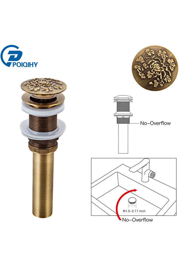 No Hole A2 POIQIHY Bathroom Lavatory Basin Sink Pop Up Drain Antique Finish Brass Material Clic-clac
