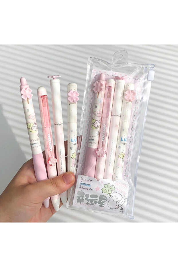 Pink Series 4 Pcs/Set Lucky Star Gel Pens 0.5mm Quick-Drying & Smooth Writing Black Ink Pen for Offi