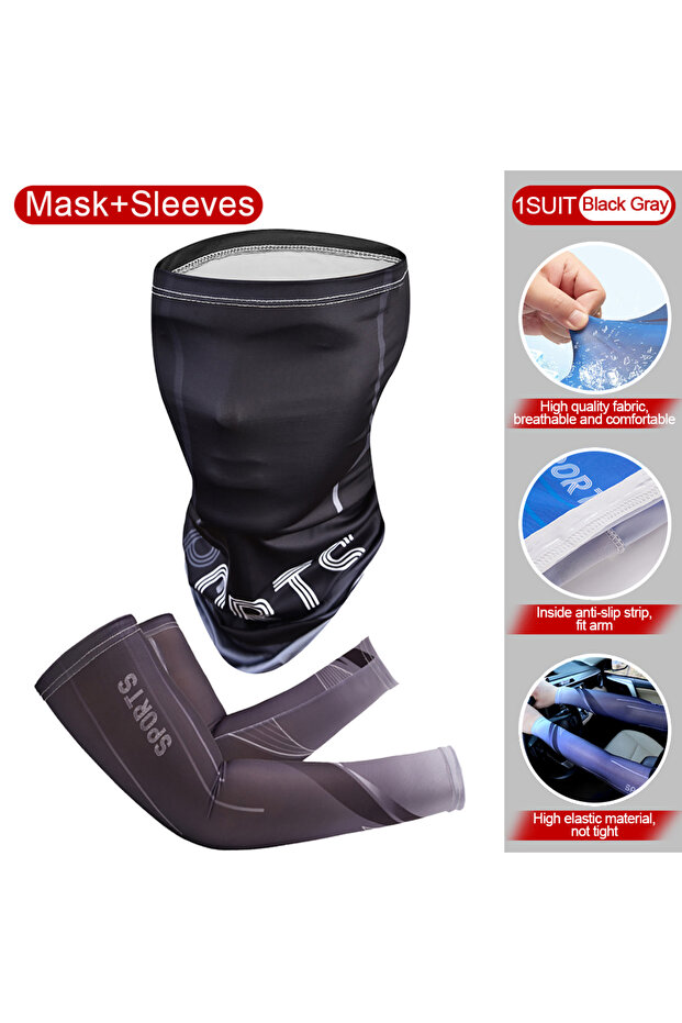 C 2Pcs Set Summer Ice Silk Cycling Arm Sleeves Breathable Bandana Mask Combination Suit Elastic Col.