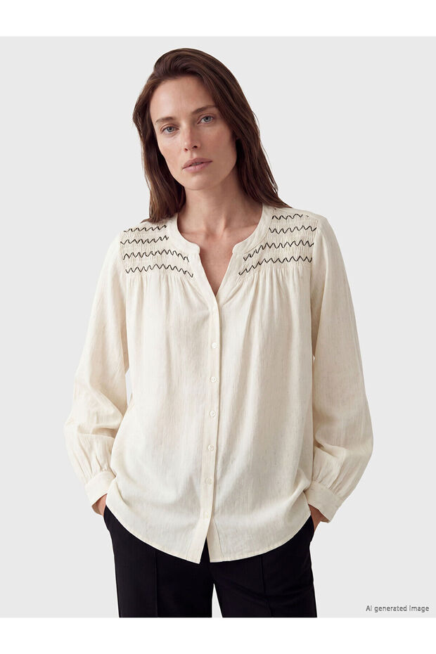 Original Embroidered Collar Linen Blend Blouse