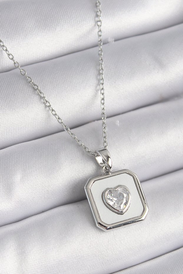 316L Steel Silver Color Square Medallion Heart Zircon Stone Processing Women's Necklace 5886