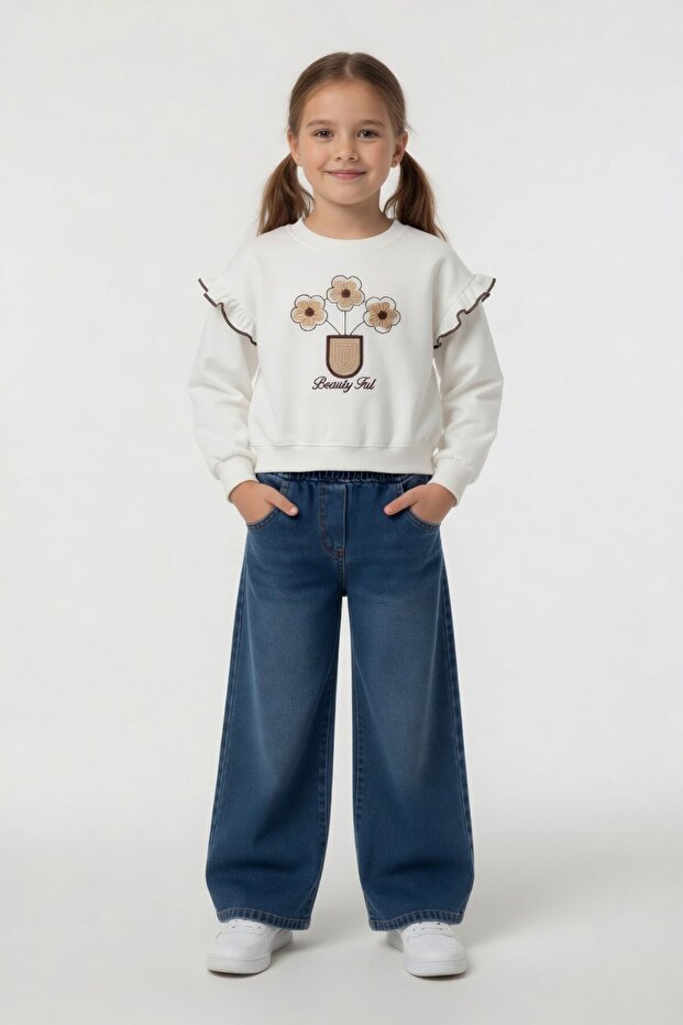 White Floral Embroidered Ruffle Jean Pants Girls' Set 24556