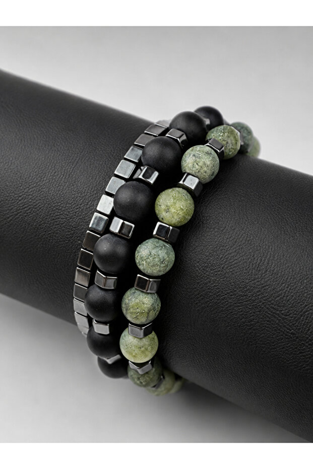 Kyra Green and Black Natural Stone Three Separate Natural Stone Bracelets Men's Combination Bracelet Set