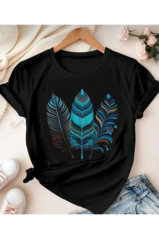 New Season Turquoise Blue Feather Printed 100% Cotton Plus Size Women's T-Shirt