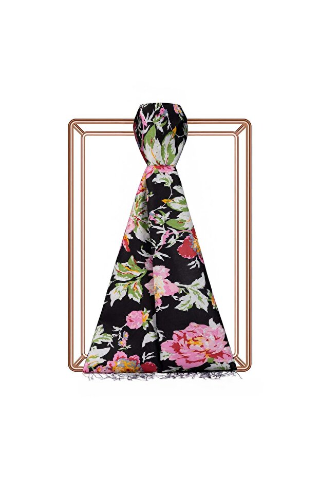 Gülzar Patterned Silk Shawl 09379-Black