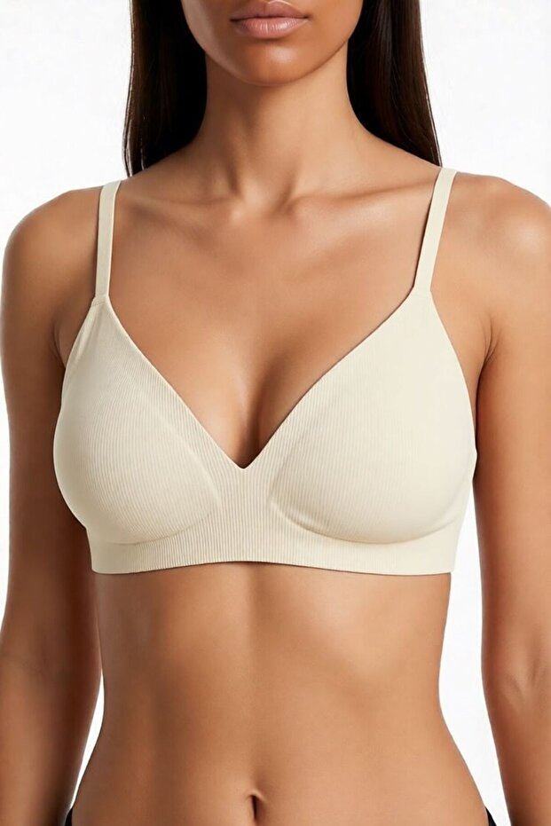 Soft Touch Seamless White Champagne Color Laser Cut Seamless Ribbed Adjustable Strap Women's Bra Without Underwire