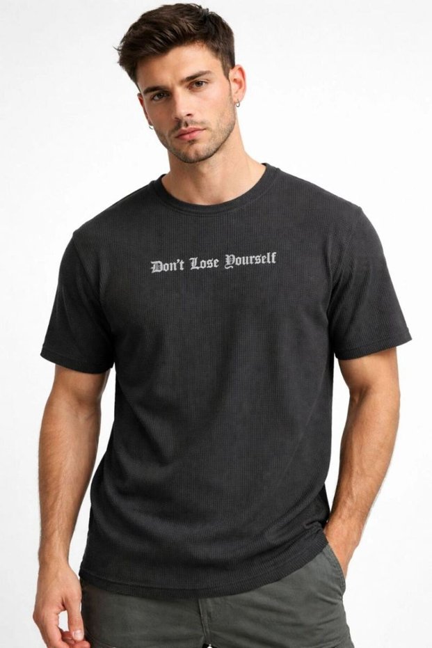 Men's Waffle Fabric T-Shirt Regular Fit Crew Neck Printed T-Shirt - Black