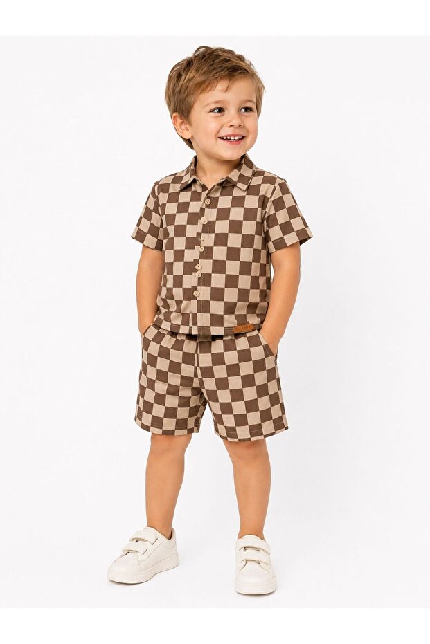 Boys' Checkered Linen Shirt-Shorts Set