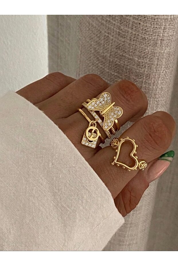 Adjustable Gold Butterfly & Heart Figured Stone Ring Set of 3