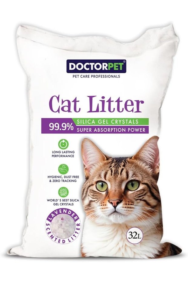 Silica Gel Cat Litter 32L - Lavender Scented Crystals, Hygienic, Dust-Free, Zero Tracking, Long-Lasting, Superior Odor Control