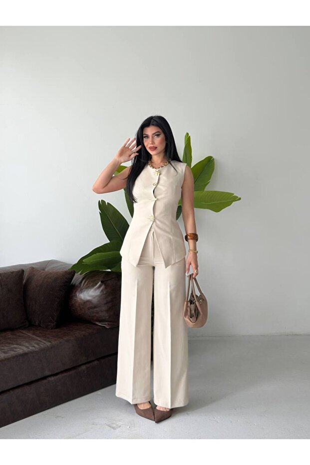 Women's Button Detailed Vest Trouser Set Stylish Two-Piece Set