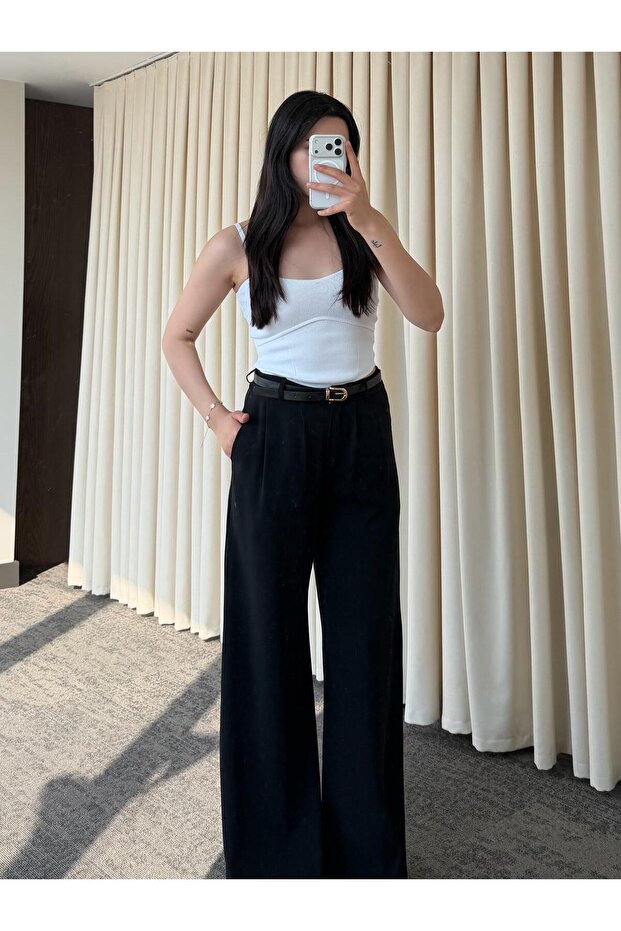 Black Elastic Waist Belted Draped Trousers - 301
