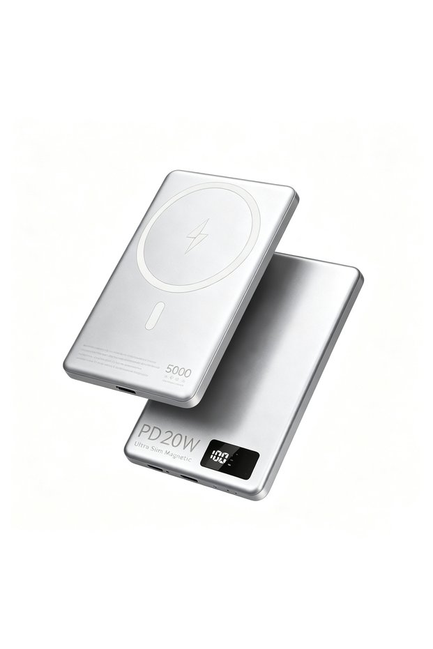 Wireless fast charging silver ultra slim 5000mAh portable power bank, supporting 20W fast charging, lightweight and portable, compatible with multiple devices, brand new model