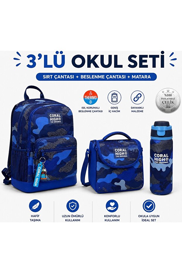 Navy Blue Cobalt blue Backpack 23689+Thermo Lunch Box 22789+ Thermos 38549