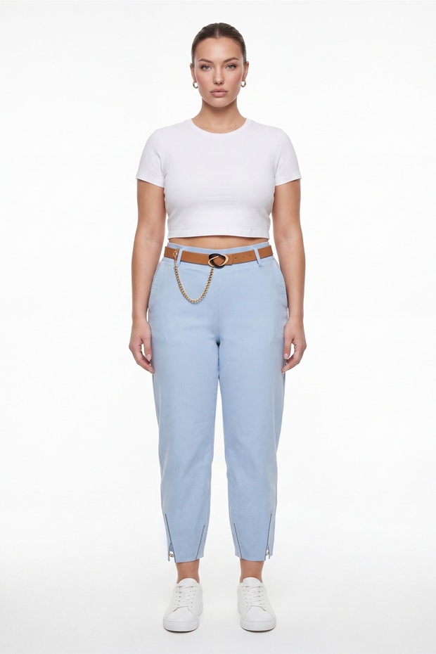 Women's Blue Summer Slim Trousers with Belt and Accessory Detail on the Leg